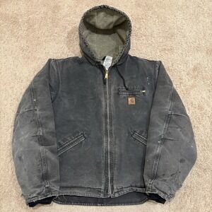 Vintage Carhartt Sherpa Lined Jacket Men's Large Faded Black Hooded J141 BLK